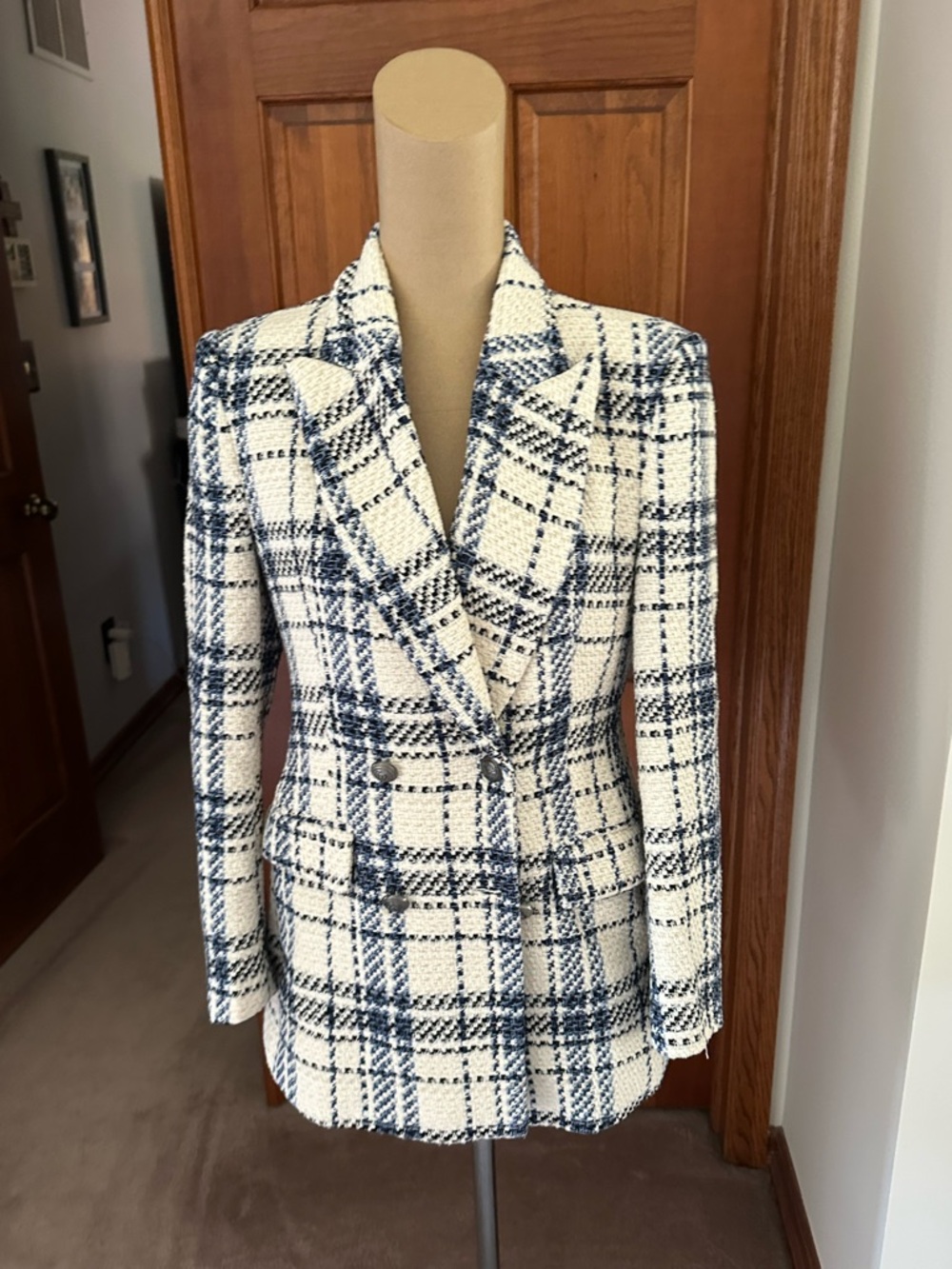 Zara Cream and Navy Plaid Double-Breasted Blazer